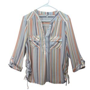 Poppi Women's Blouse Size L Orange Blue Striped 3/4 Sleeve Casual